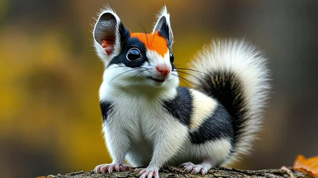 Whimsical Squirrel Portrait: An adorable and uniquely colored squirrel sits perched on a tree branch with a captivating expression and striking appearance.