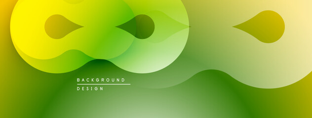 Abstract green yellow background. Overlapping shapes create dynamic flow, modern design element. Smooth gradients, soft curves present.