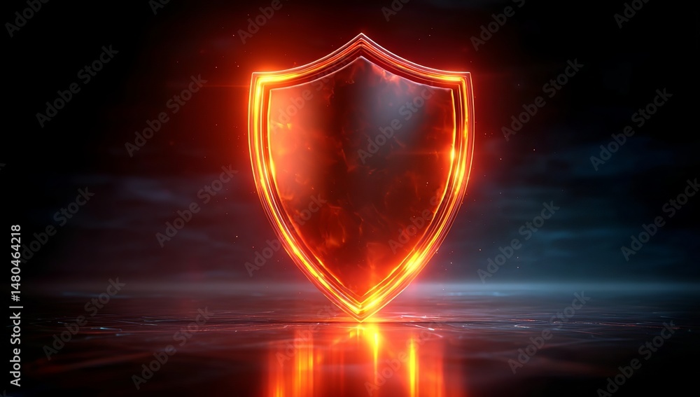 Poster 3d rendering of a glowing red and orange shield icon on a dark background with light reflection, a