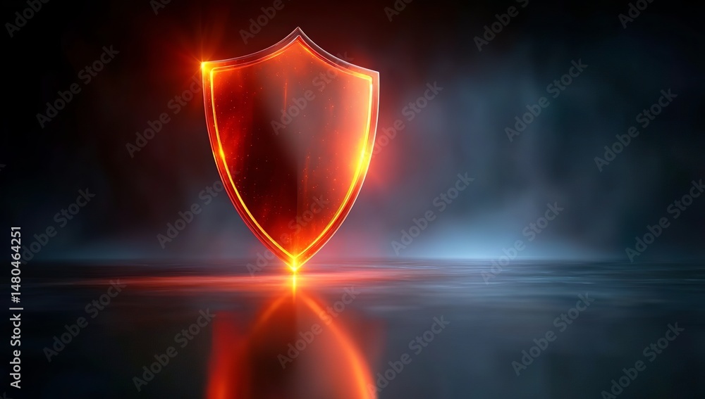 Poster 3d rendering of a glowing red and orange shield icon on a dark background with light reflection,