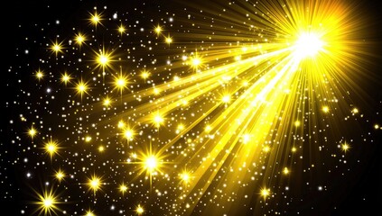 Golden light bursts forth, radiating outwards from a central point, surrounded by glittering stars.  A spectacular display of bright yellow, gold, and white light, against a deep black background