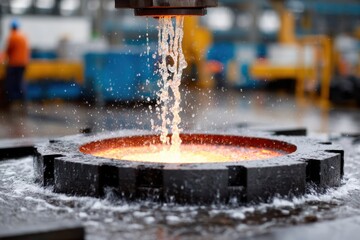 Molten metal pours into cast at industrial foundry during busy workday