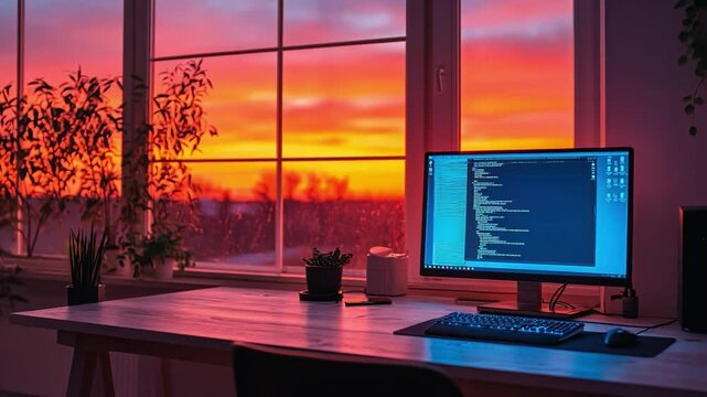 Coding at Sunset: The soft glow of the setting sun bathes a cozy workspace, illuminating a desktop computer and the warm colors of the sky seen through the window.