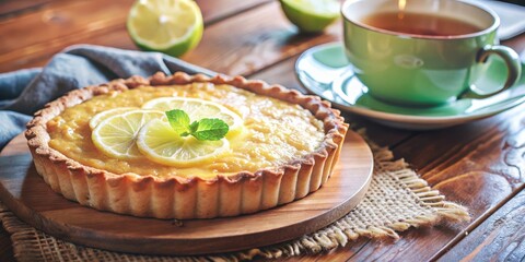A Delicious Lemon Tart Served on a Wooden Platter with Fresh Mint Garnishes and a Cup of Tea Beside