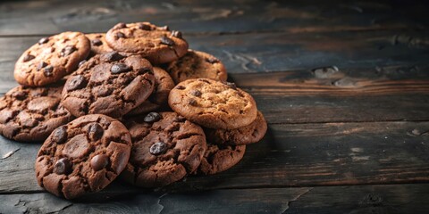 Fototapeta premium A close-up view of a stack of freshly baked chocolate chip cookies, arranged on a rustic wooden surface, showcasing their golden-brown color and rich chocolate chips