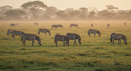 Zebras grazing in a meadow, photo