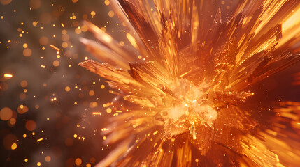 Abstract orange crystal formation with bokeh lights and sharp edges in warm color scheme