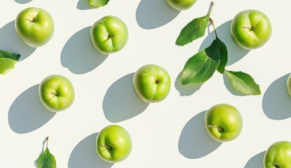 Fresh green apples arranged in a symmetrical pattern on a white background with leaves and shadows