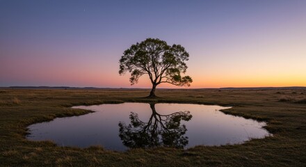 Tree and Reflection at Sunset - Photo