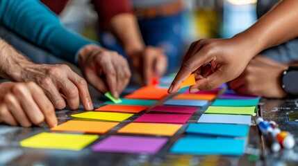Collaborative teamwork with sticky notes during a creative meeting in a blurred background