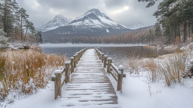 Snowy Lakeside Wooden Pier with Mountain Background - Powered by Adobe