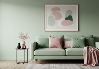 Living room interior with mint green walls and sofa with pillows