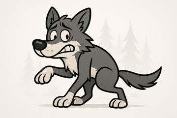 Obraz premium A cartoon wolf with a nervous grin, tiptoeing past an invisible danger with its tail low, against faint forest outlines on a light gray background