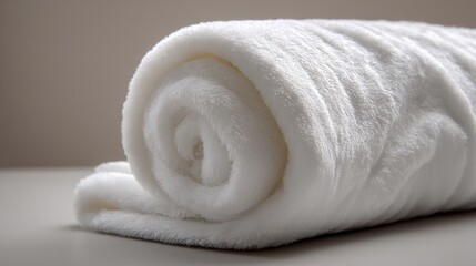 Ultra quality image of close-up of a rolled-up white plush blanket against a neutral background. The soft texture and smooth surface of the blanket are clearly visible.