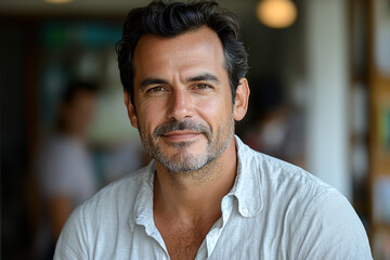 Obraz premium A confident man smiles warmly, showcasing a friendly demeanor in a relaxed setting, ideal for lifestyle or portrait-themed projects.