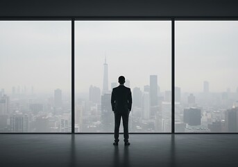 Fototapeta premium Businessman stands looking out a large office window at the city skyline