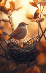 A bird sits in its nest, with a spring background, golden hour lighting