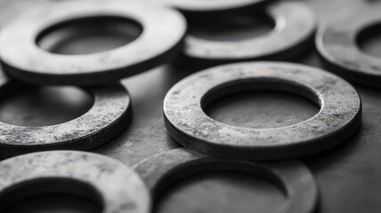 Close-Up of Grey Metal Washers on Dark Background