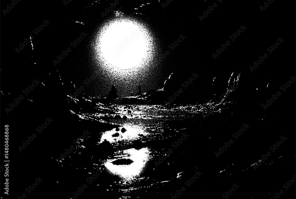 Poster Alien planet landscape in retro dotwork style. Planets and satellites over unknown planet in space. Sci-fi world landscape beyond our galaxy.