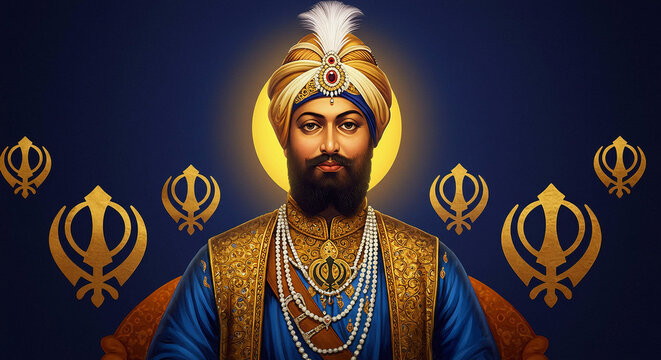 A dignified portrait of Guru Gobind Singh Ji in royal attire, surrounded by Khanda symbols and golden lighting, ideal for commemorative visuals.