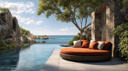 Serene coastal retreat with a circular lounge overlooking the tranquil ocean at midday