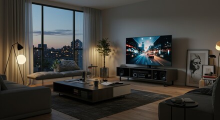 Modern living room at dusk - Illustration