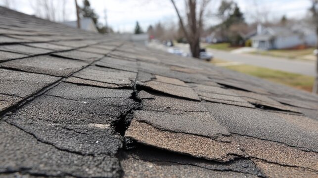 Ultra quality image of close-up of damaged asphalt roof shingles showing signs of significant wear and deterioration, with cracked and lifted sections exposing underlying layers.
