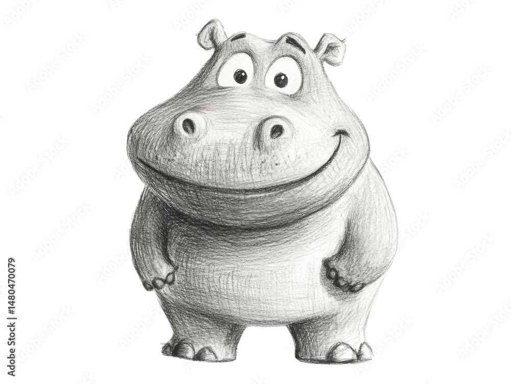 Poster Charming Pencil Sketch of a Smiling Hippo Character on a White Background
