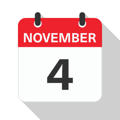 November 4 Daily Calendar. Red Theme on White Background
