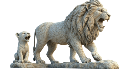 Majestic Lion Statue with Cub: Timeless Sculpture and Stone Art Depiction