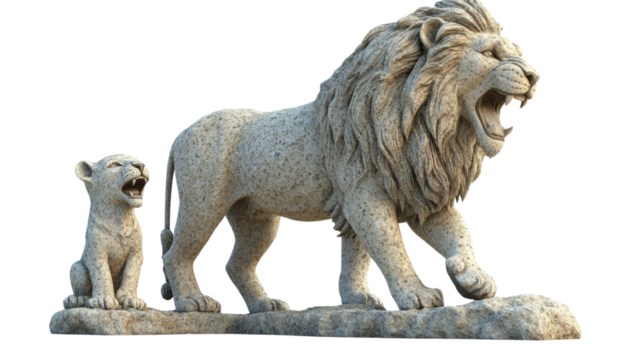 Majestic Lion Statue with Cub: Timeless Sculpture and Stone Art Depiction