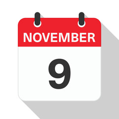 November 9 Daily Calendar. Red Theme on White Background