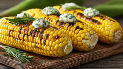 Grilled corn on the cob with herb butter, ready to eat. Delicious golden kernels