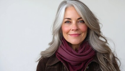 A beautiful middle-aged woman with long silver hair, wearing a burgundy scarf and a dark brown