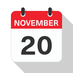 November 20 Daily Calendar. Red Theme on White Background