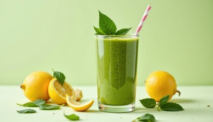 Fototapeta premium bright blended spinach smoothie in a minimalist style, using forest and honeydew shades, crisp contours, airy layout, lively aesthetic, high resolution