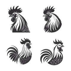 Geometric Black & White Roosters and Fowl Illustration