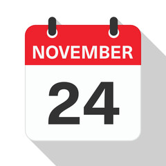 November 24 Daily Calendar. Red Theme on White Background