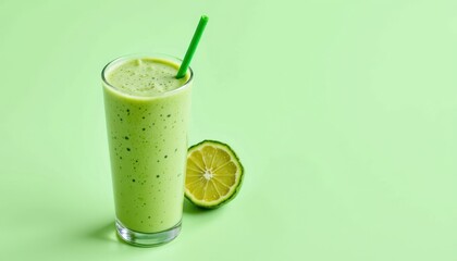 Fototapeta premium bright glowing green smoothie in a minimalist style, using neon mint and pale basil shades, crisp contours, airy layout, lively aesthetic, high resolution