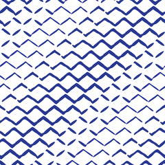 Fototapeta premium Doodle zig zag seamless vector pattern background. Abstract navy blue horizontal hand drawn chevron lines on white backdrop. Geometric repeating stripes. Wavy fabric texture.