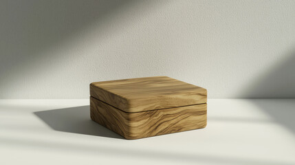 Square wooden box on a white surface, with shadows, showcasing a clean design
