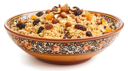 Bowl of food with nuts and raisins in it