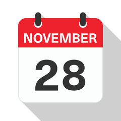 November 28 Daily Calendar. Red Theme on White Background