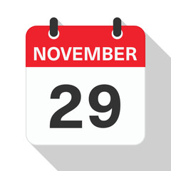 November 29 Daily Calendar. Red Theme on White Background