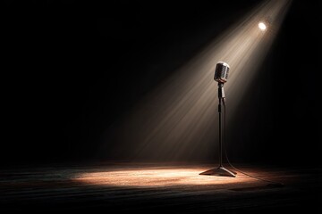 Spotlight on a vintage microphone on stage