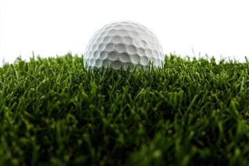 Obraz premium The scene depicts a golf ball and white paper placed on green artificial grass, viewed from above with room for text