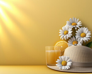 Sunlight bathes a scene with daisies, citrus, juice, and a straw hat