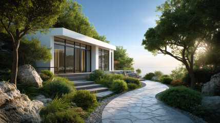 Modern architectural design of a house surrounded by lush greenery on a sunny day by the coast