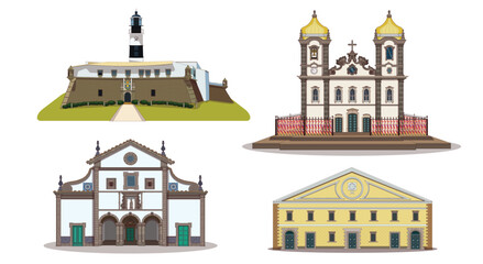 Vector set of famous places in Salvador, a city in the state of Bahia, Brazil. Includes a lighthouse, a museum of sacred art, a market and a famous church.