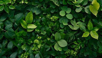 Close-up view of various lush green foliage.